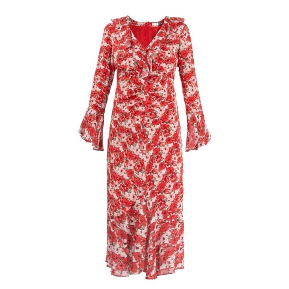 RIXO London 100% silk main red floral midi dress NWT - Picture 7 of 12